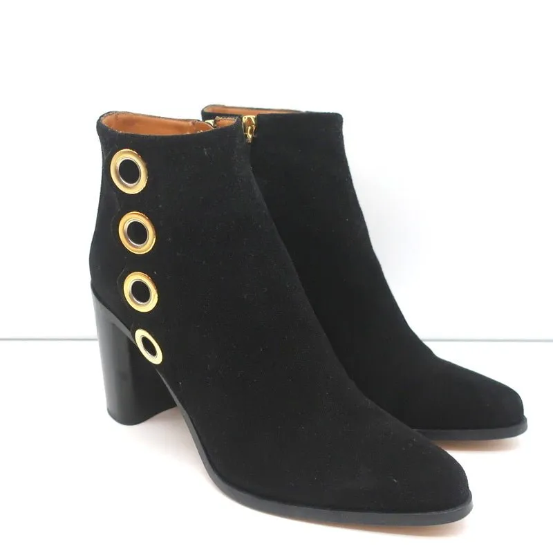Chloe Grommet-Trim Ankle Boots Flo Black Suede Size 38.5 Pointed Toe Booties