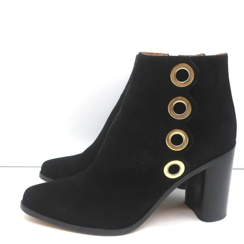 Chloe Grommet-Trim Ankle Boots Flo Black Suede Size 38.5 Pointed Toe Booties