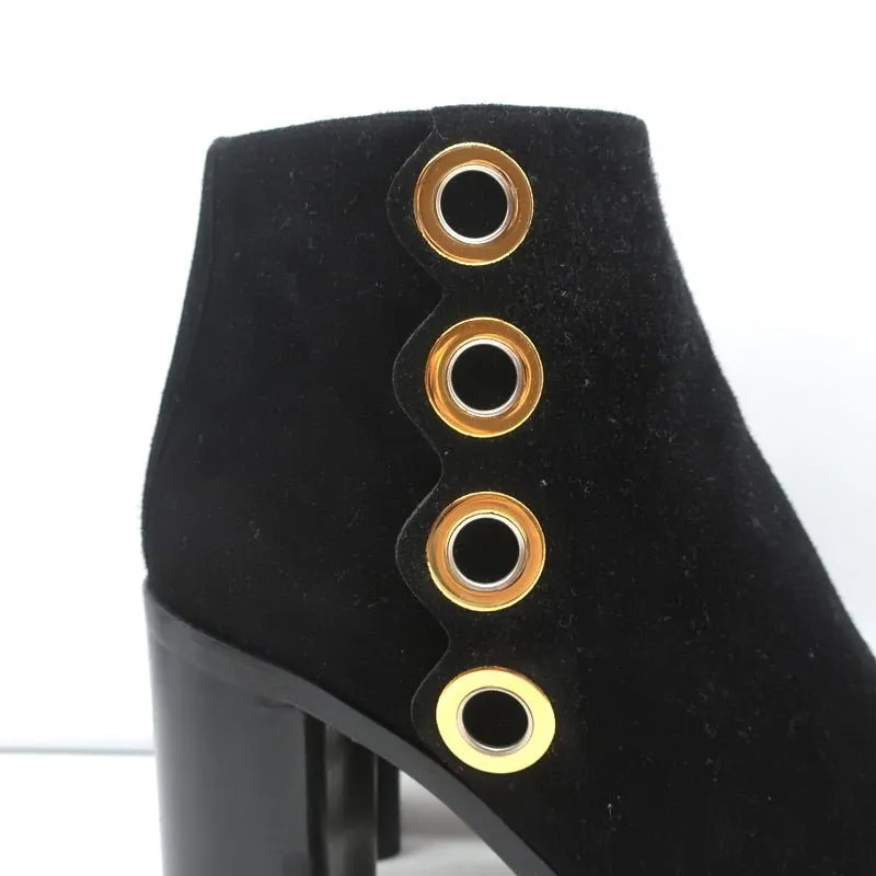 Chloe Grommet-Trim Ankle Boots Flo Black Suede Size 38.5 Pointed Toe Booties
