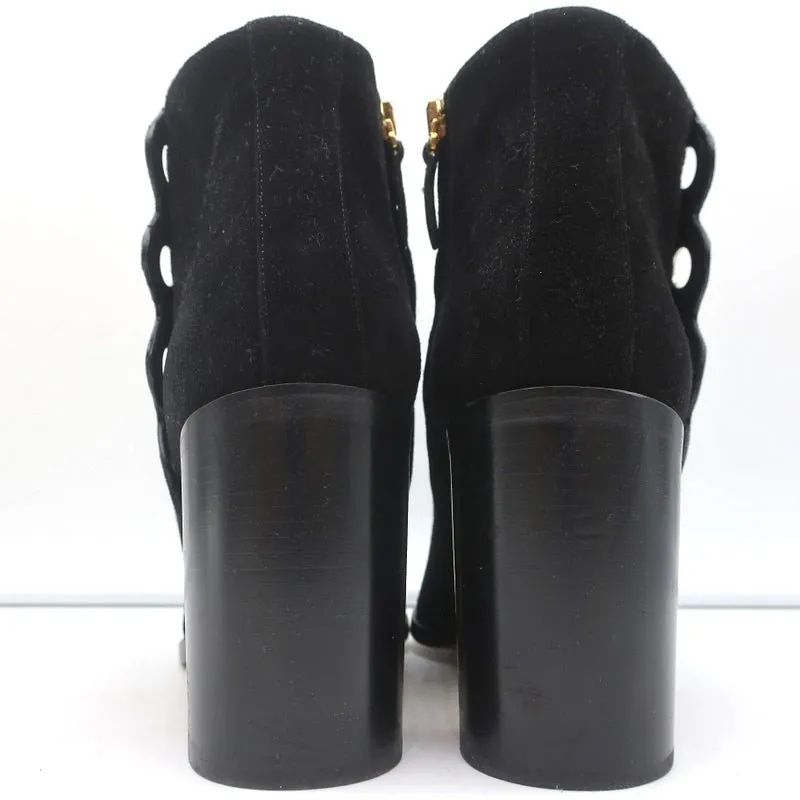 Chloe Grommet-Trim Ankle Boots Flo Black Suede Size 38.5 Pointed Toe Booties