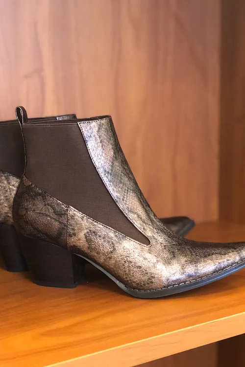 Chocolate Snakeskin Bootie