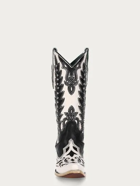 Corral Women's Black Overlay Embroidery and Studs Snip Toe White Cowboy Boot