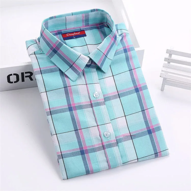 Cotton Plaid Shirts Women Blouses Long Sleeve Ladies Office Tops Flannel Shirt Plus Size Clothing For Women