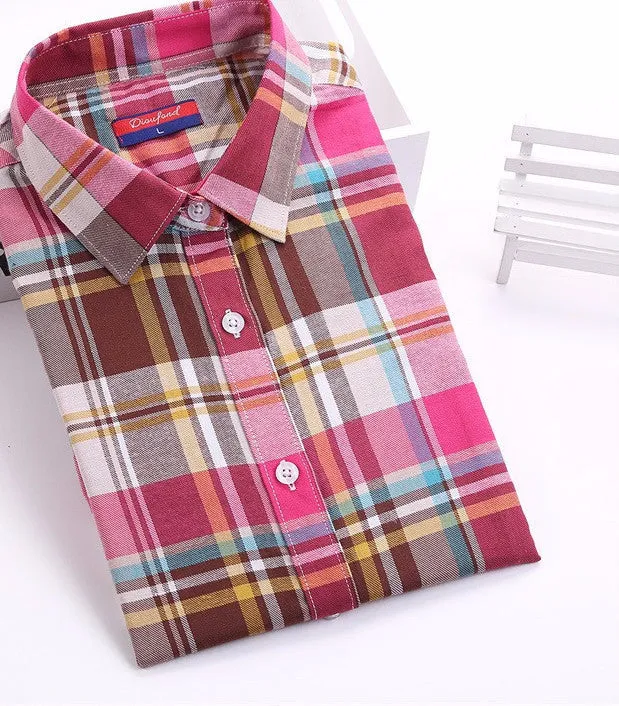 Cotton Plaid Shirts Women Blouses Long Sleeve Ladies Office Tops Flannel Shirt Plus Size Clothing For Women