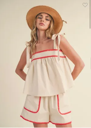 Cream & Red Stitch Top
