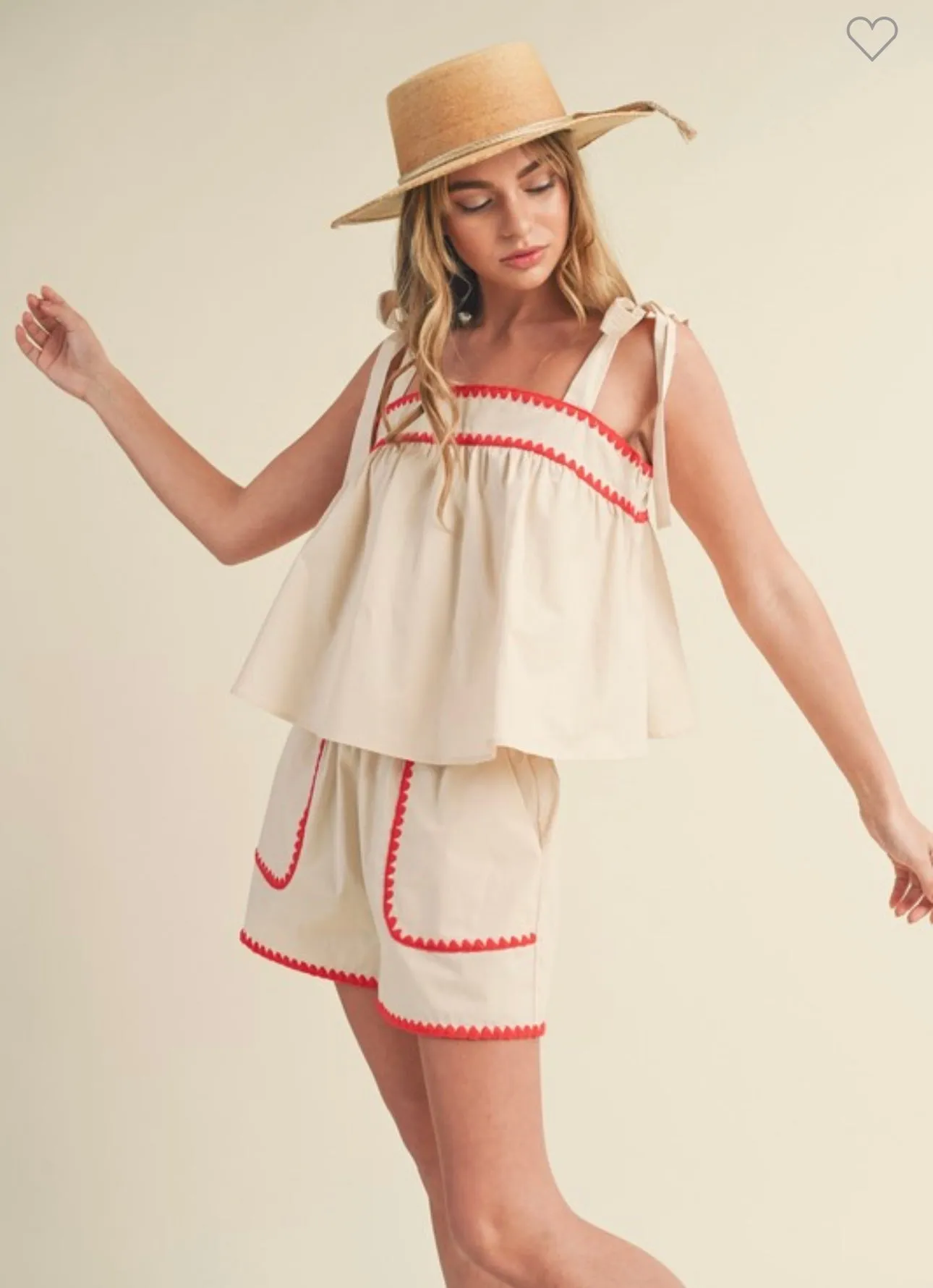 Cream & Red Stitch Top