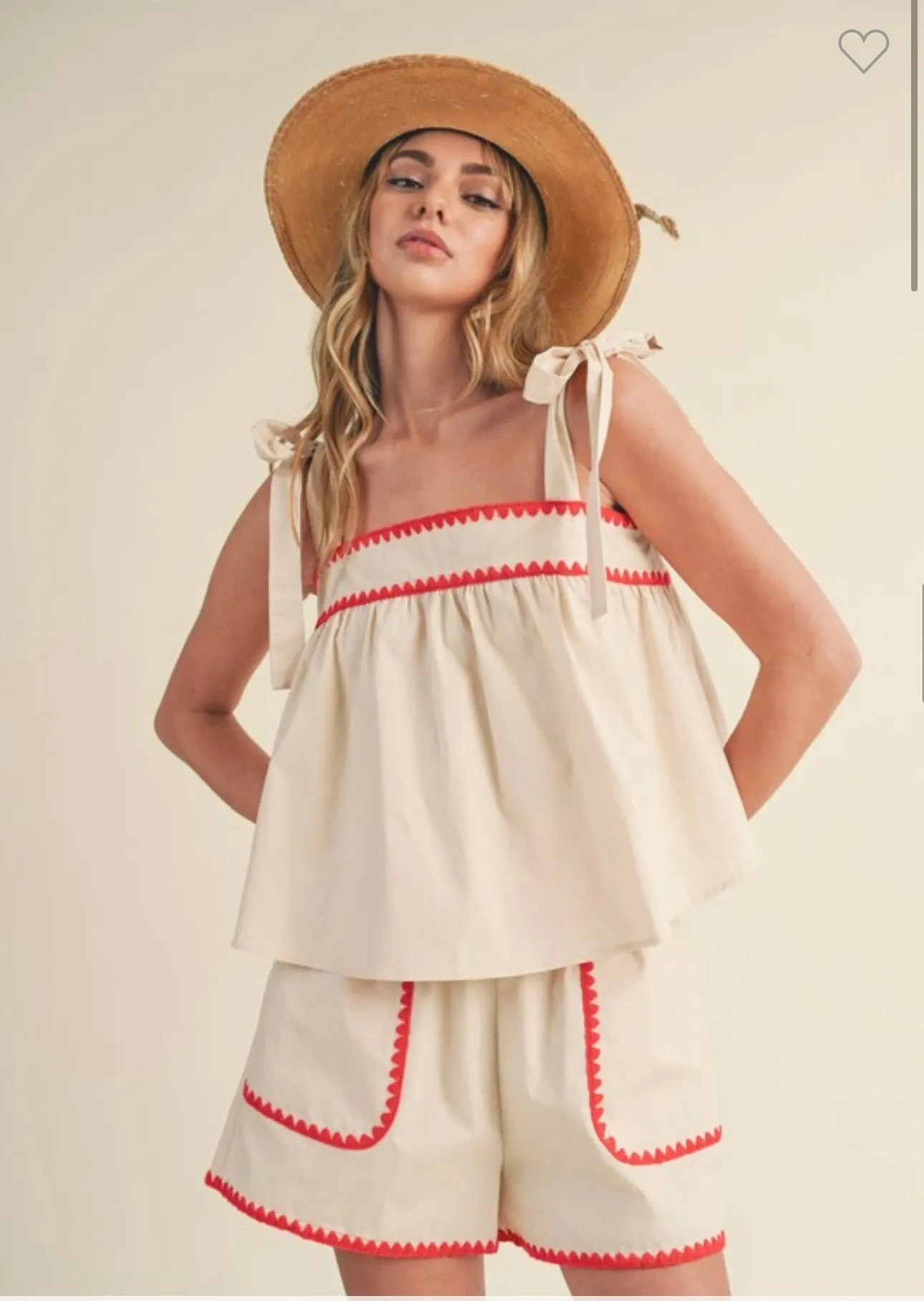 Cream & Red Stitch Top
