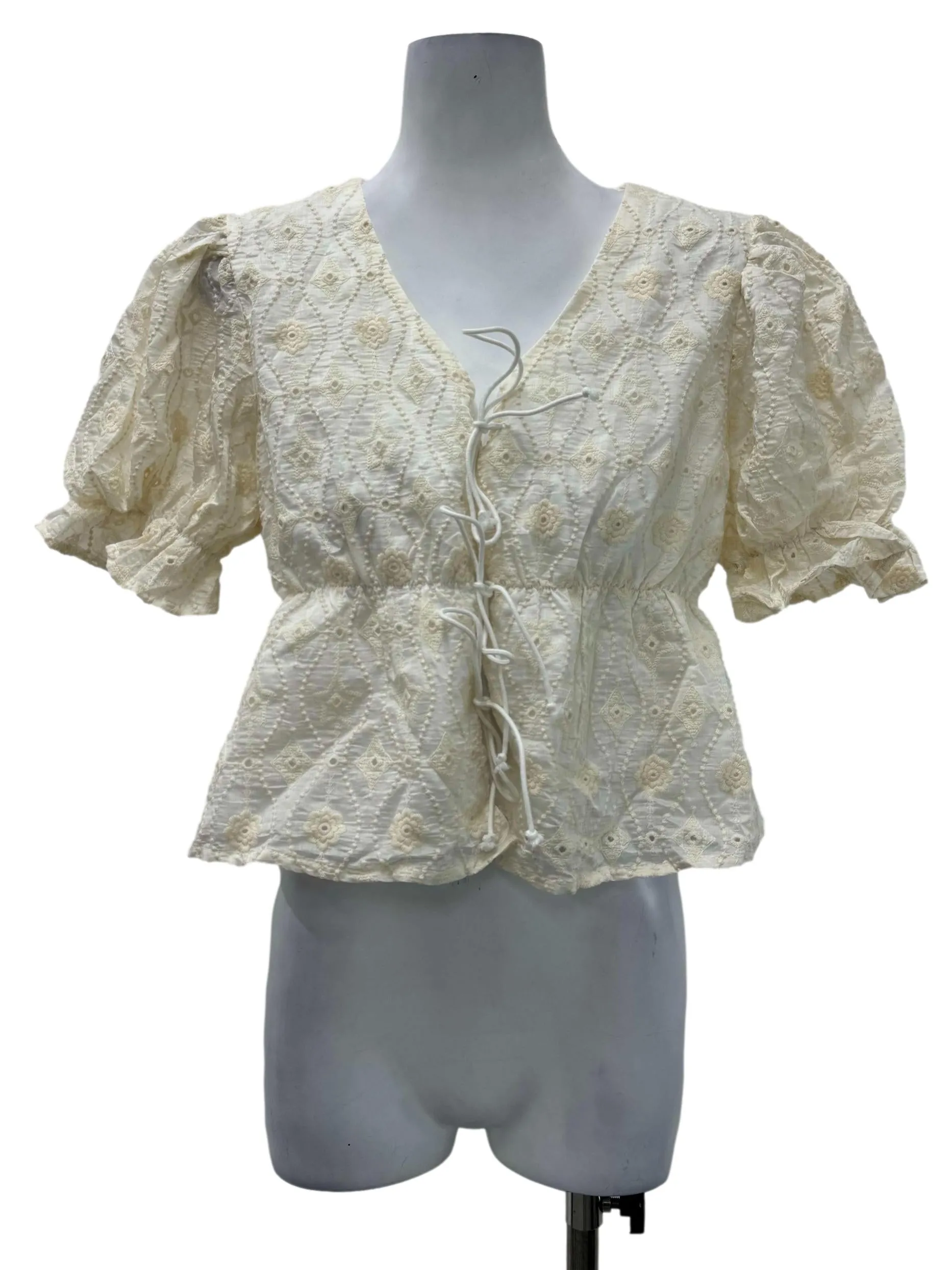 Cream Eyelet Front Tie Blouse