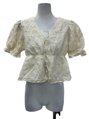 Cream Eyelet Front Tie Blouse