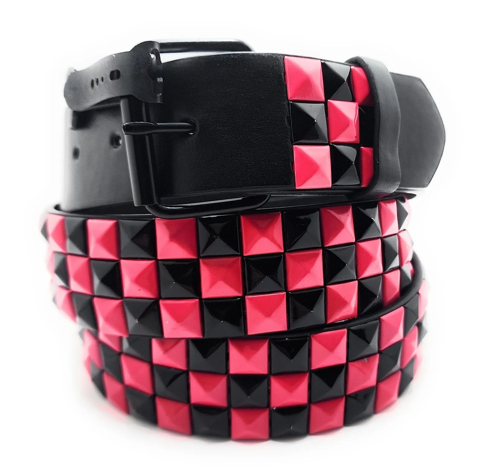 Deep Pink & Black Checkered Pyramid Studded Belt Punk