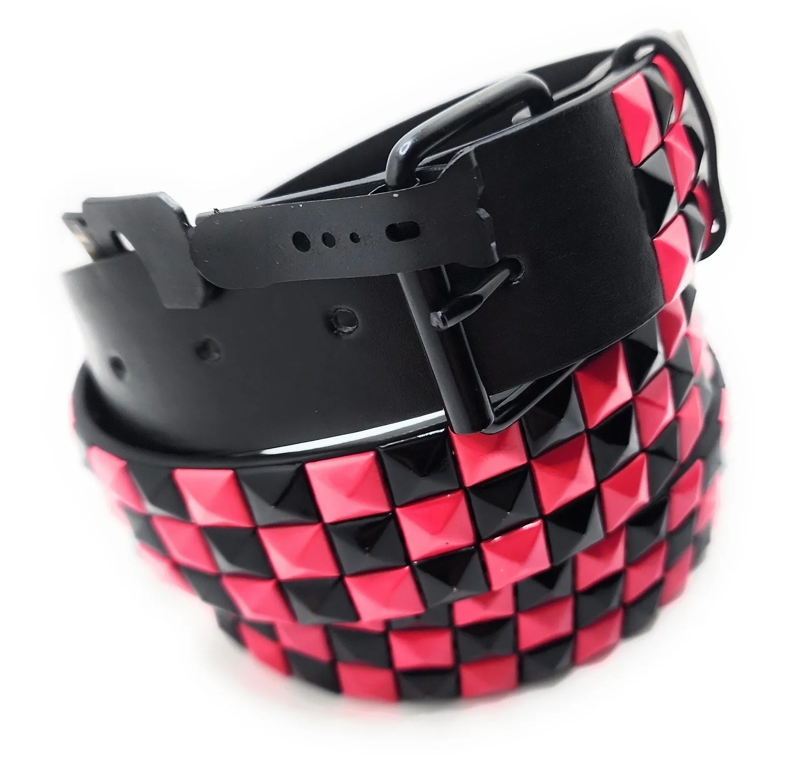 Deep Pink & Black Checkered Pyramid Studded Belt Punk