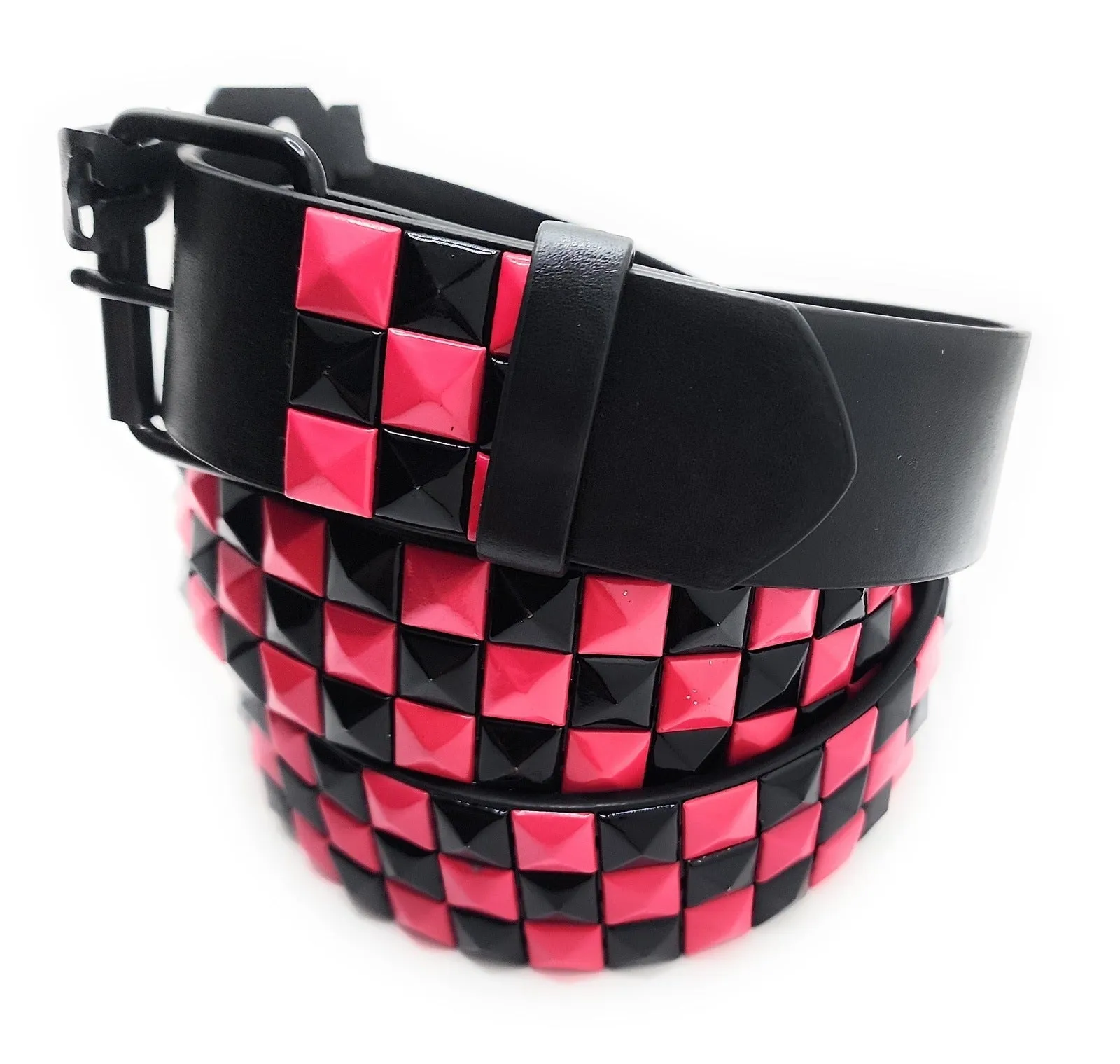 Deep Pink & Black Checkered Pyramid Studded Belt Punk