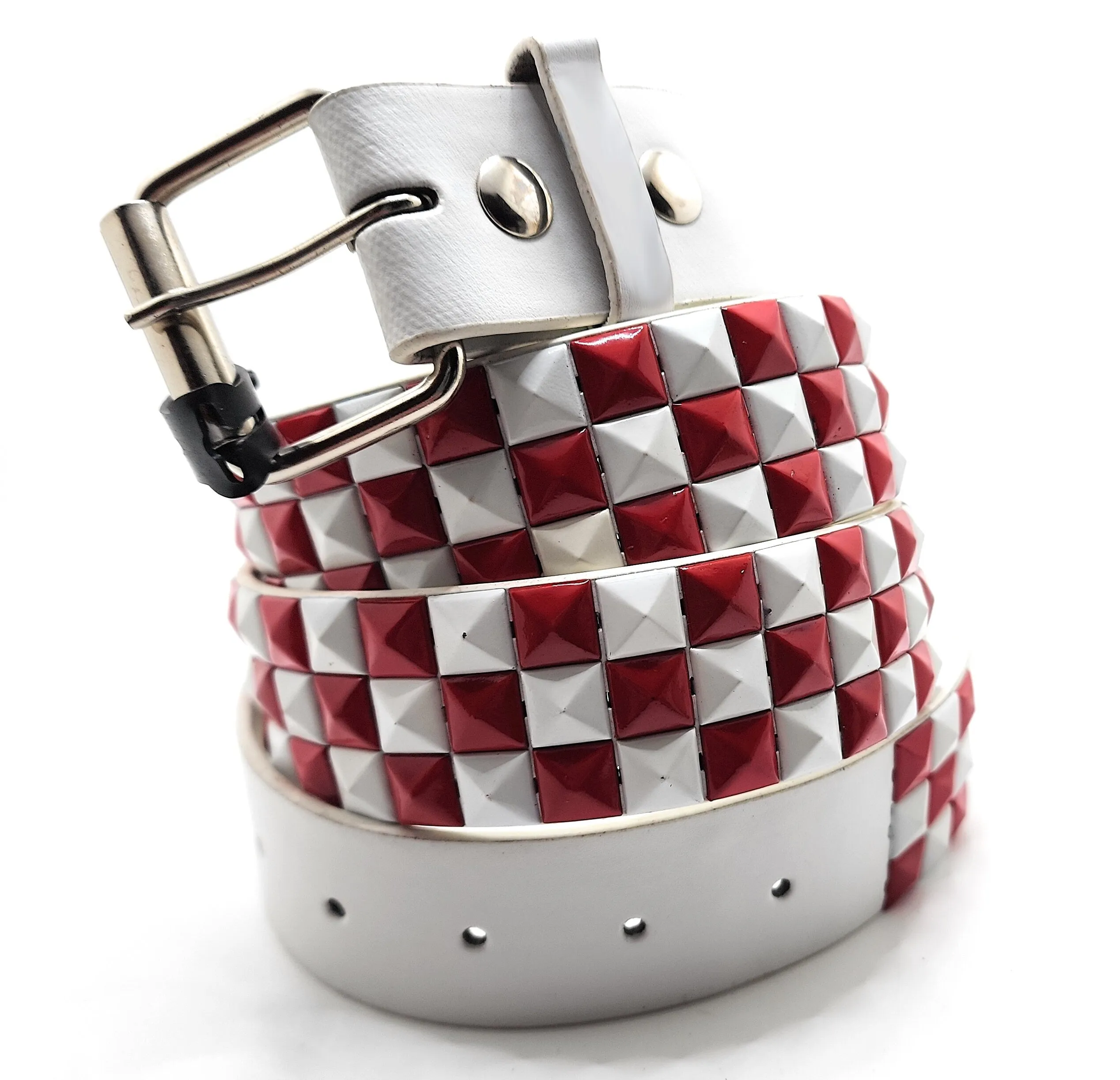 Deep Red & Black Checkered Pyramid Studded Belt Punk