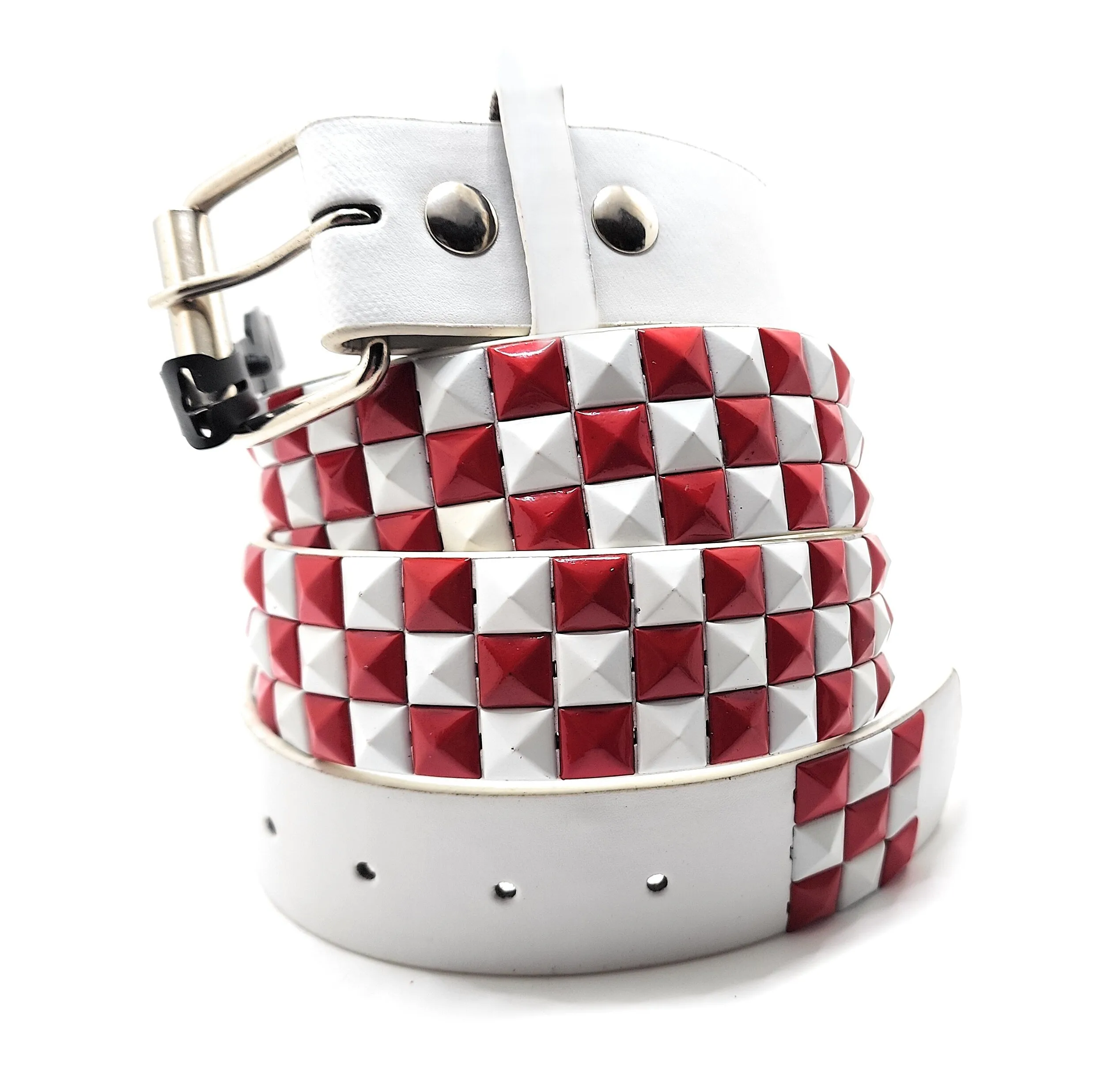 Deep Red & Black Checkered Pyramid Studded Belt Punk