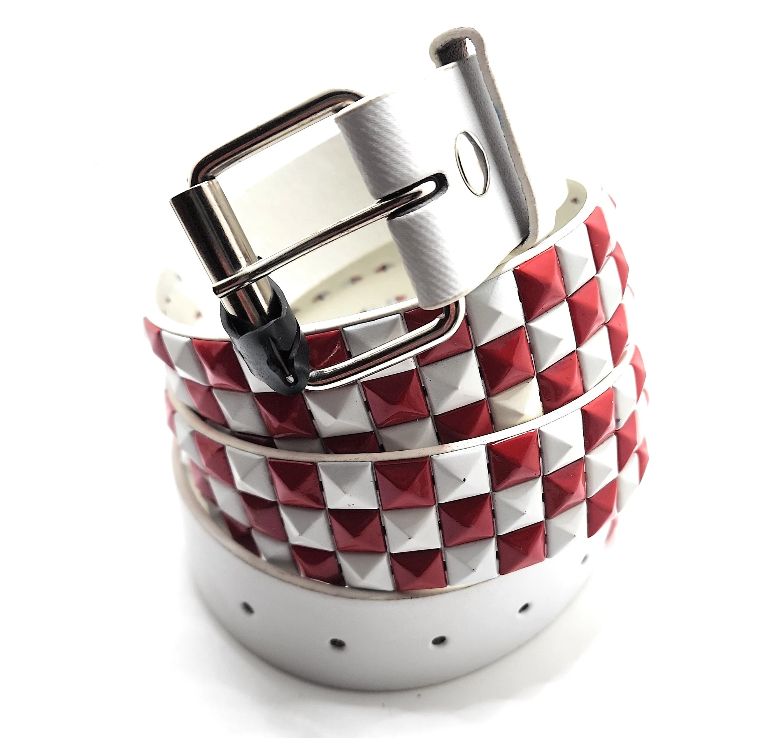 Deep Red & Black Checkered Pyramid Studded Belt Punk