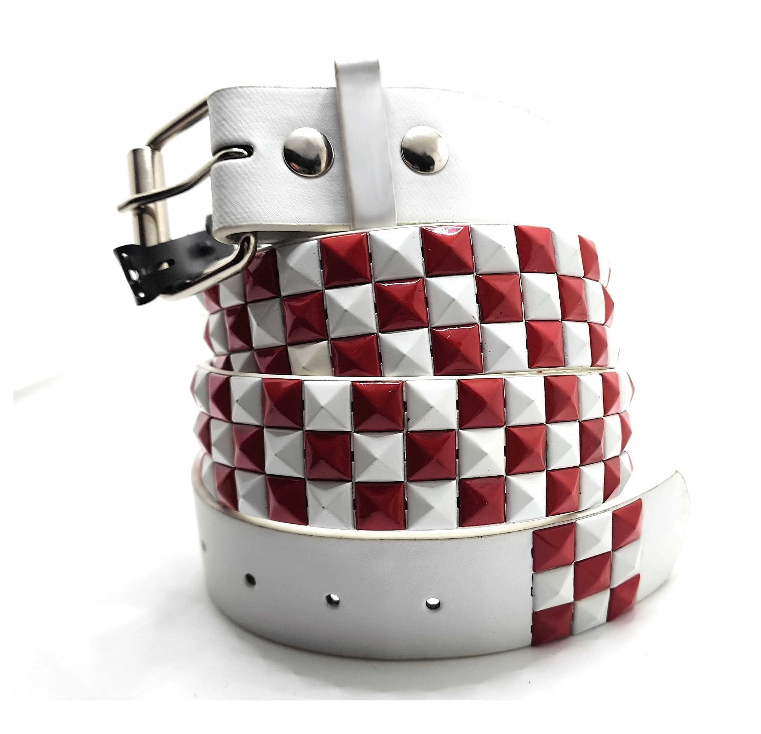 Deep Red & Black Checkered Pyramid Studded Belt Punk