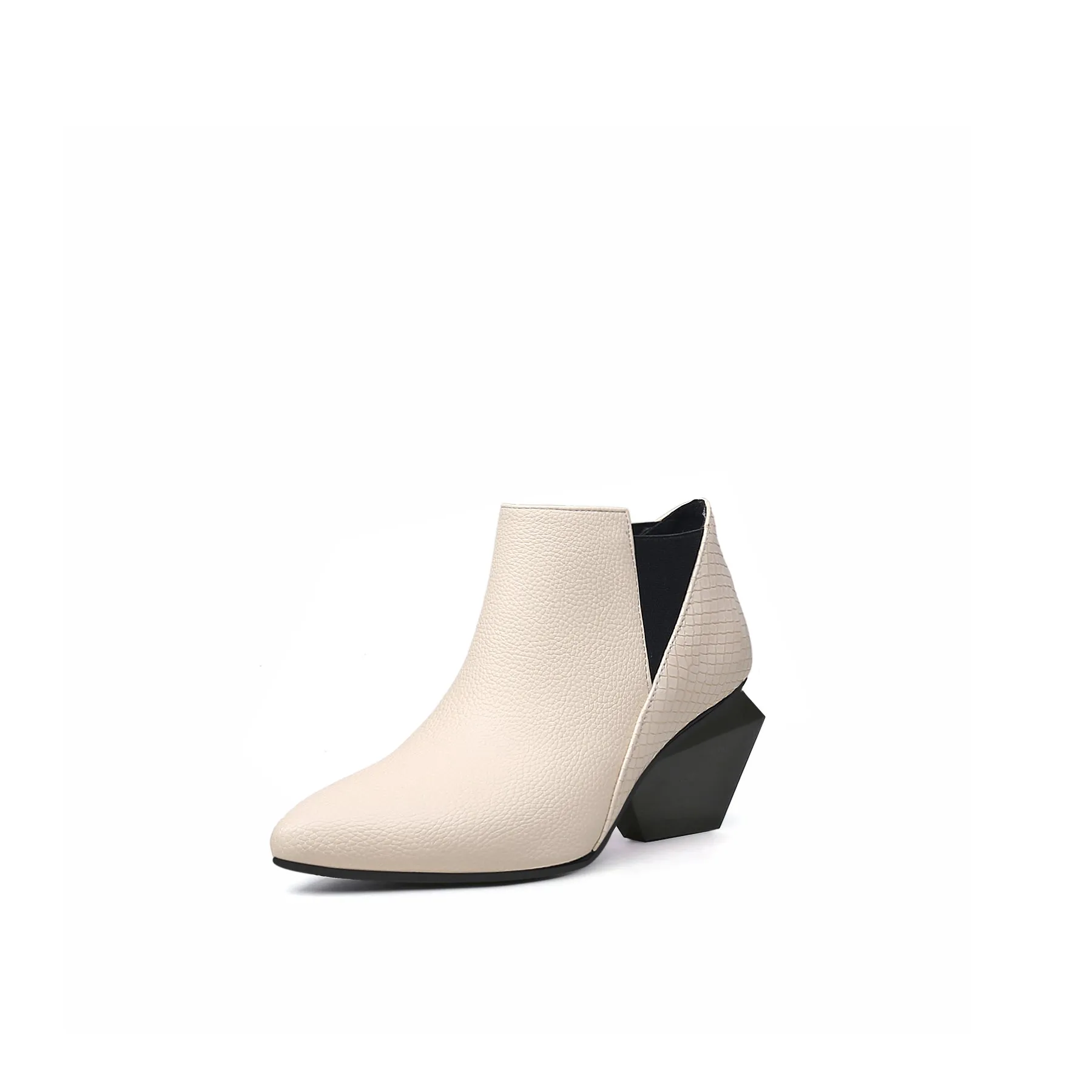 Diamond Heel Leather Ankle Bootie - Ivory