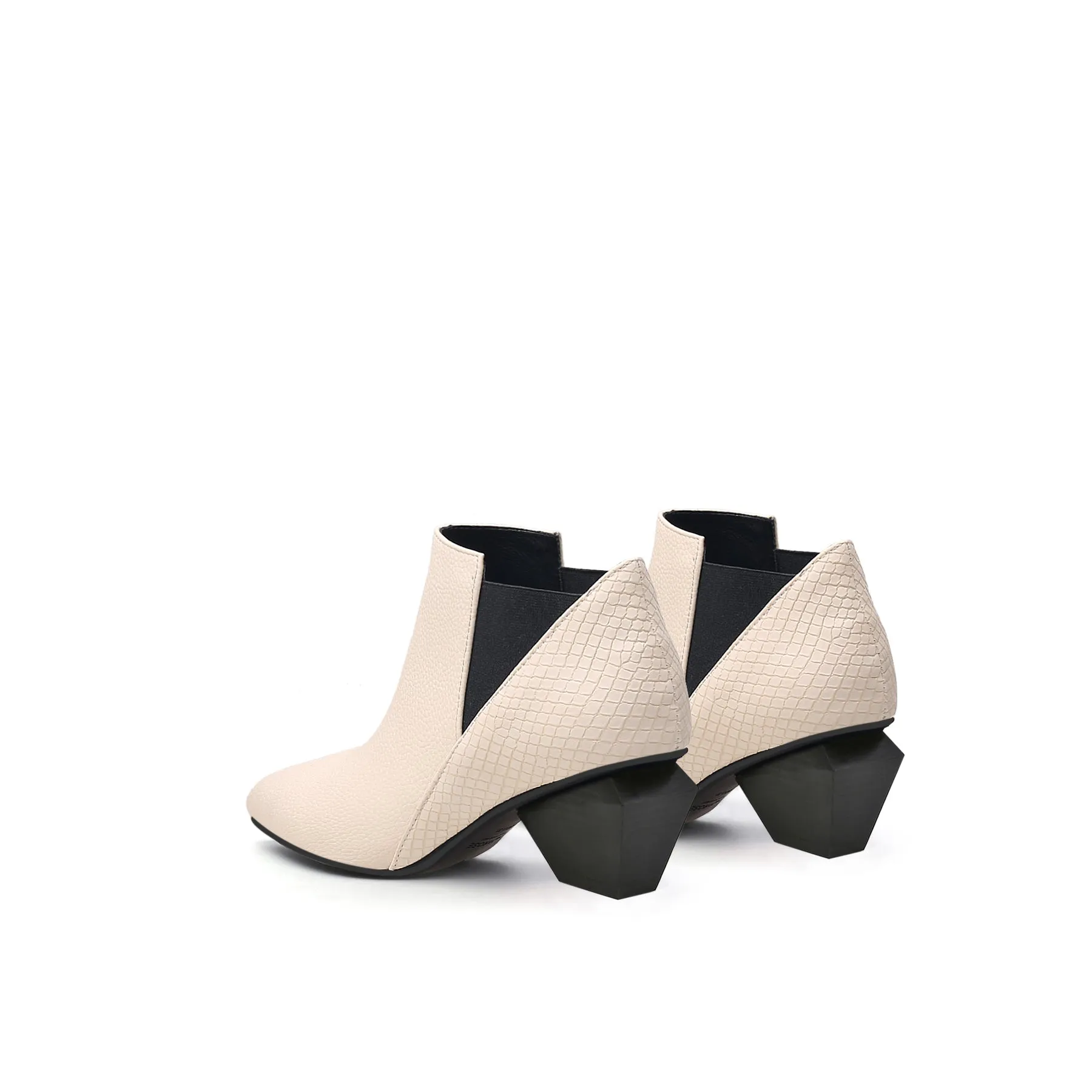 Diamond Heel Leather Ankle Bootie - Ivory