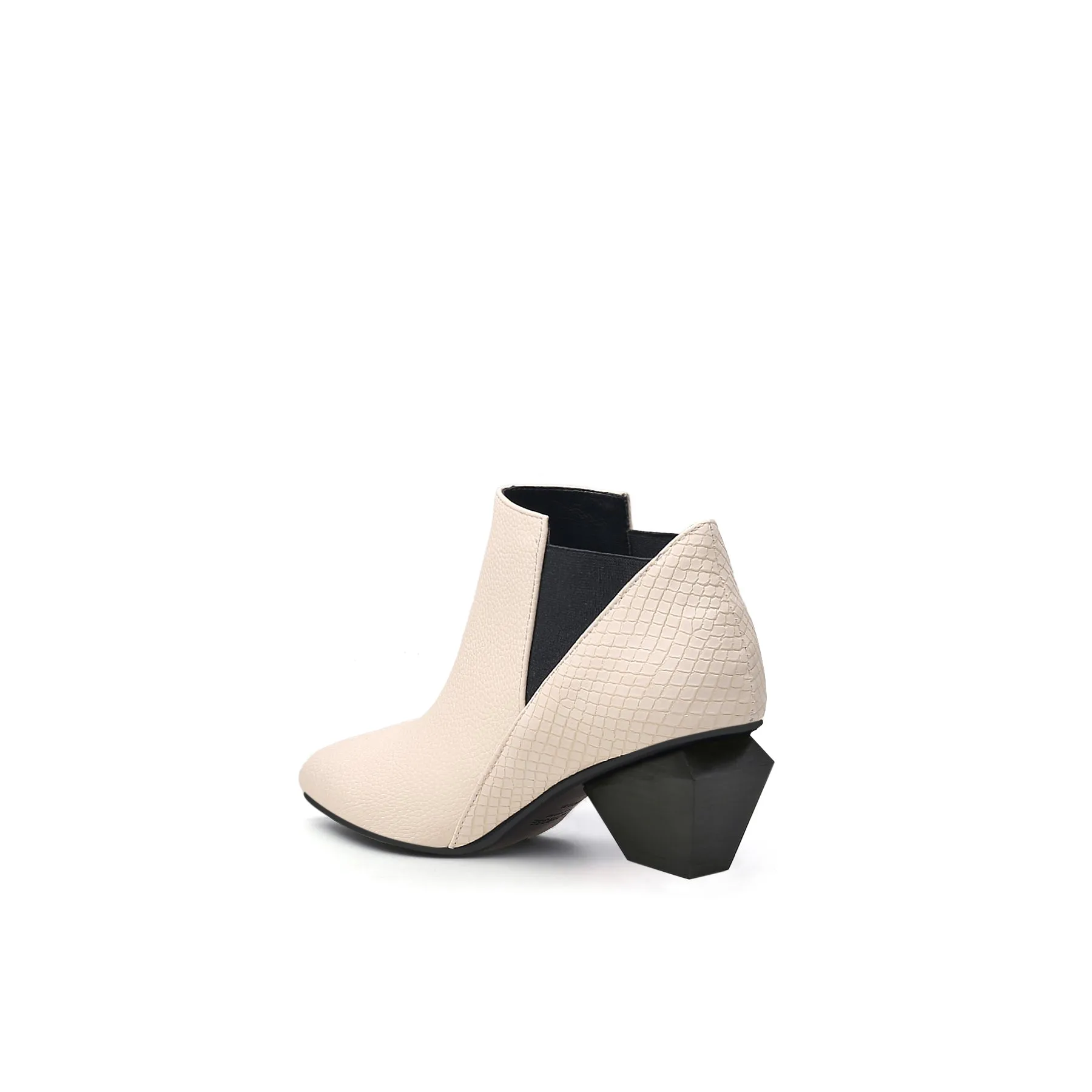 Diamond Heel Leather Ankle Bootie - Ivory