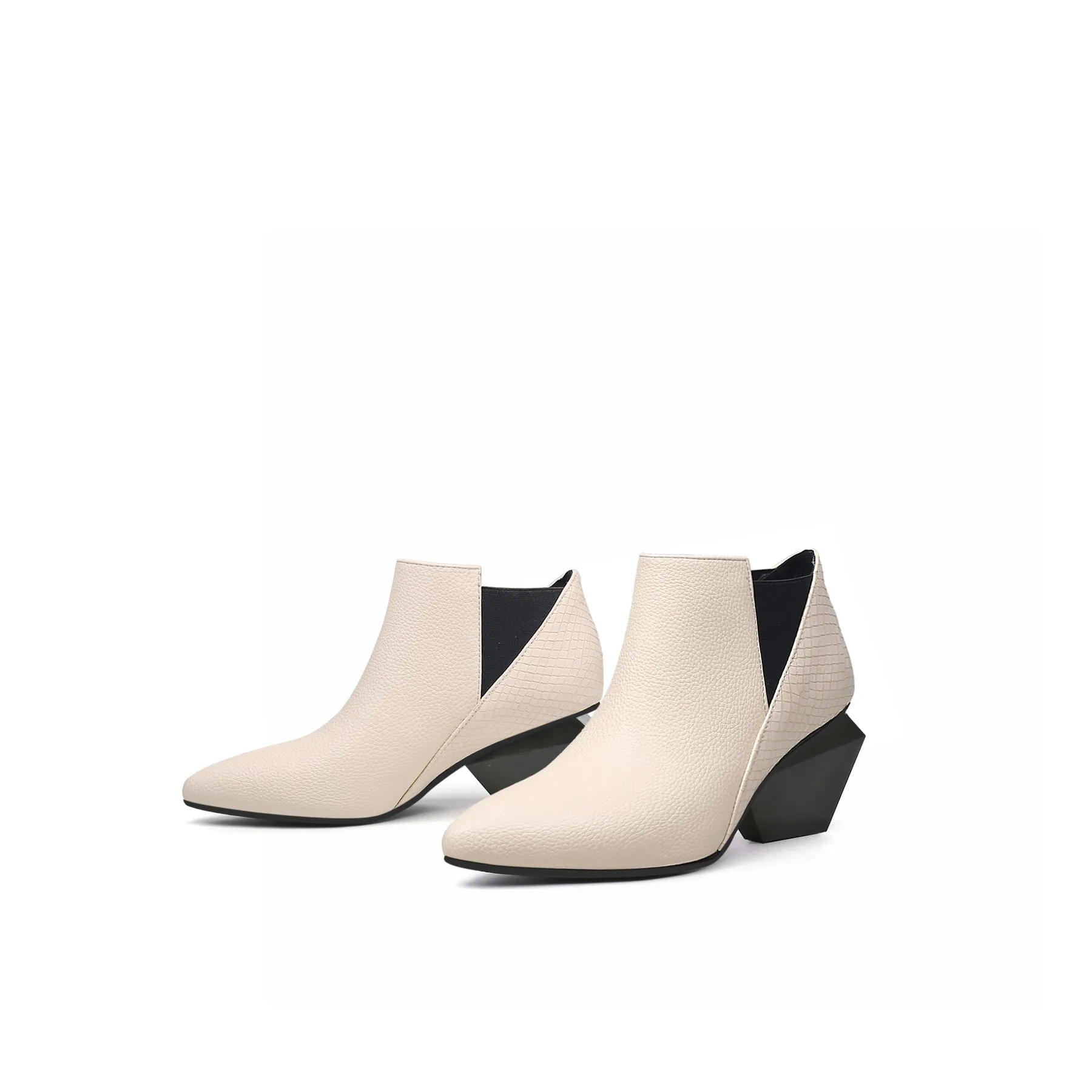 Diamond Heel Leather Ankle Bootie - Ivory
