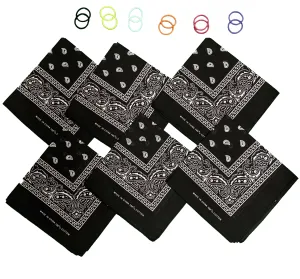 DIY Face Mask Kit- 6 bandanas   12 Pony Tail Holders - Make 6 Masks (Black)