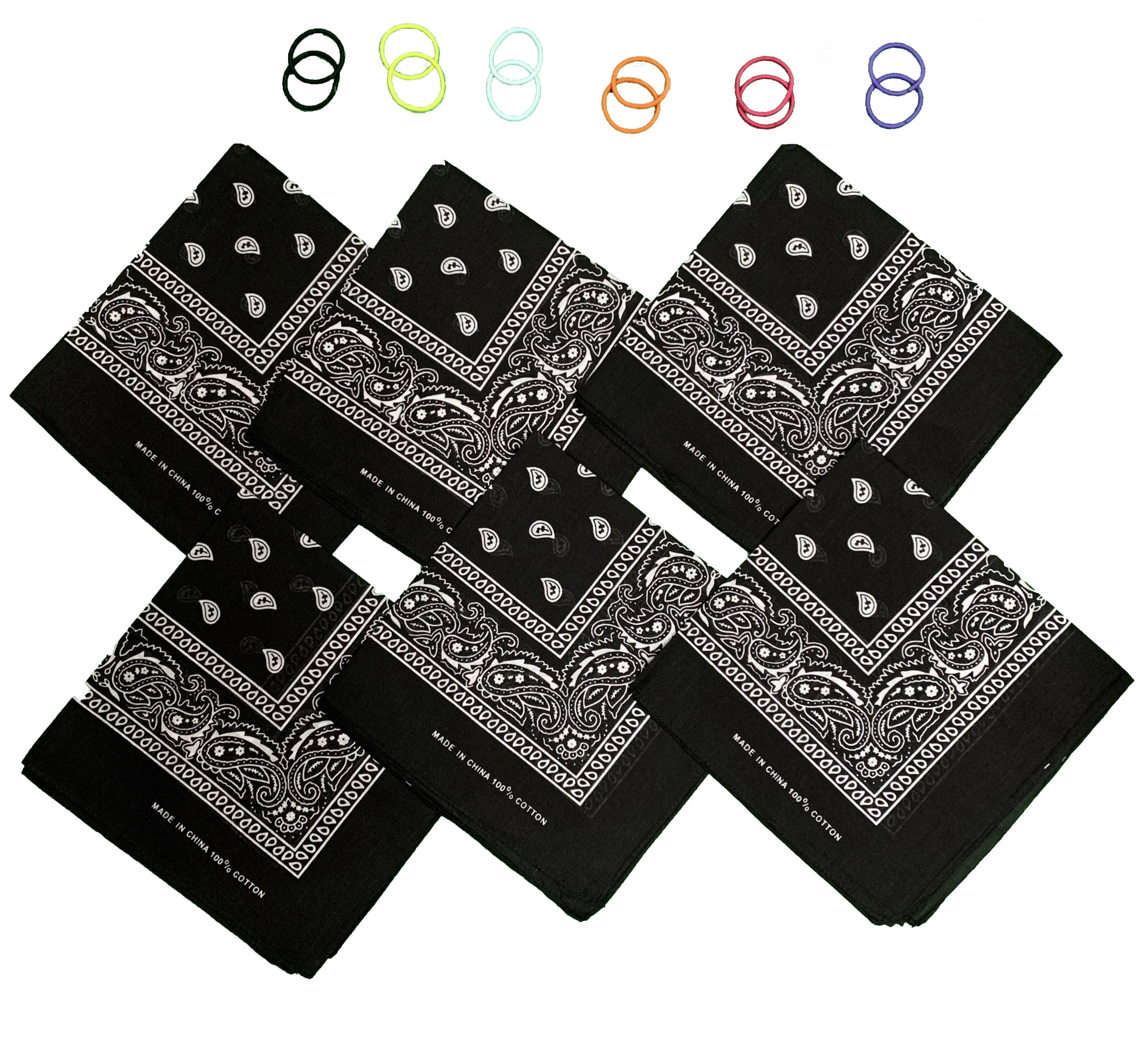 DIY Face Mask Kit- 6 bandanas   12 Pony Tail Holders - Make 6 Masks (Black)