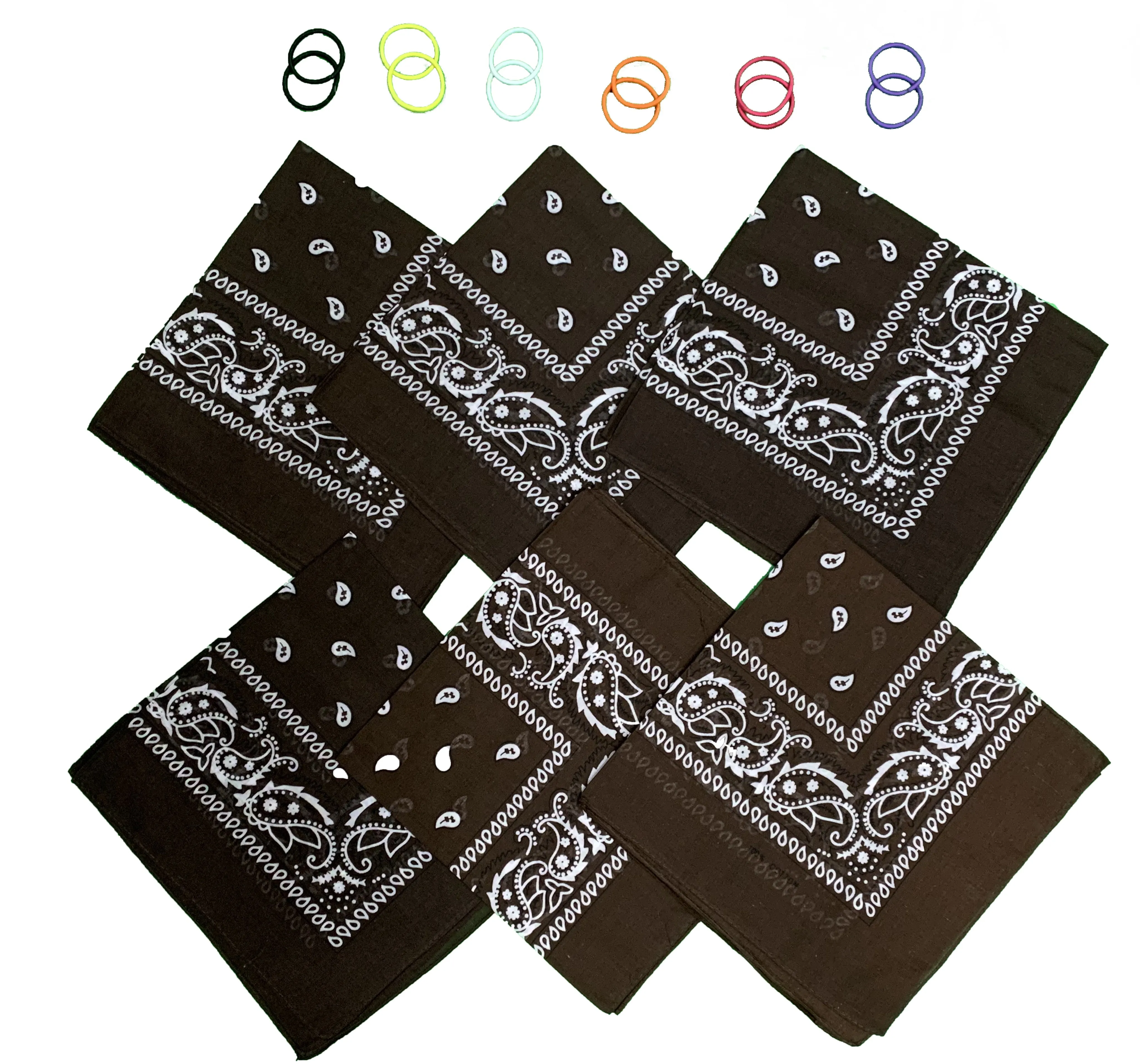 DIY Face Mask Kit- 6 bandanas   12 Pony Tail Holders - Make 6 Masks (Dk Brn)