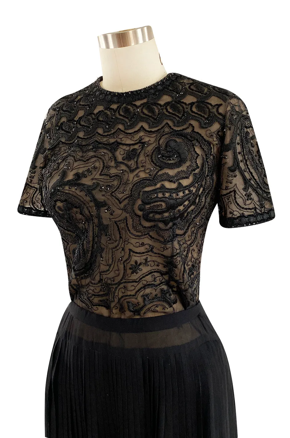 Early 1980s Yves Saint Laurent Haute Couture Hand Embroidered & Beaded Silk Chiffon Top