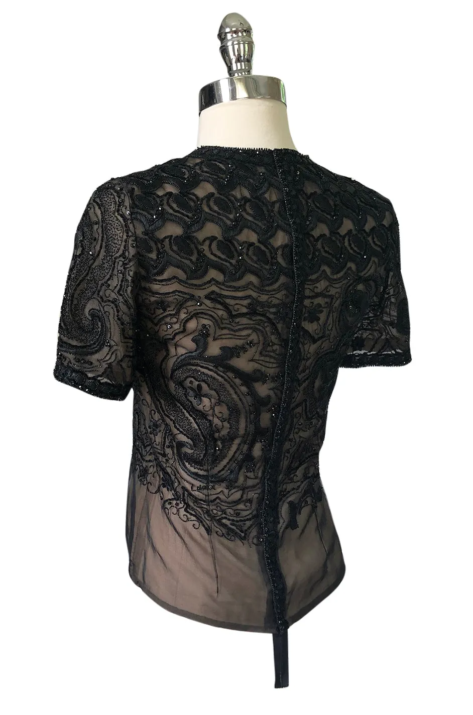 Early 1980s Yves Saint Laurent Haute Couture Hand Embroidered & Beaded Silk Chiffon Top