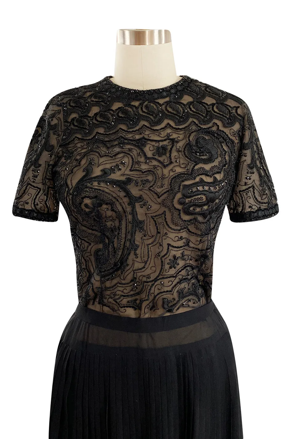 Early 1980s Yves Saint Laurent Haute Couture Hand Embroidered & Beaded Silk Chiffon Top