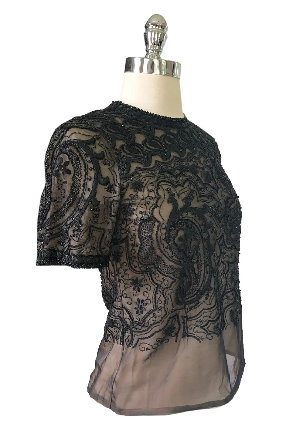 Early 1980s Yves Saint Laurent Haute Couture Hand Embroidered & Beaded Silk Chiffon Top