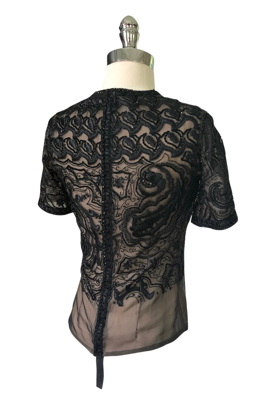 Early 1980s Yves Saint Laurent Haute Couture Hand Embroidered & Beaded Silk Chiffon Top