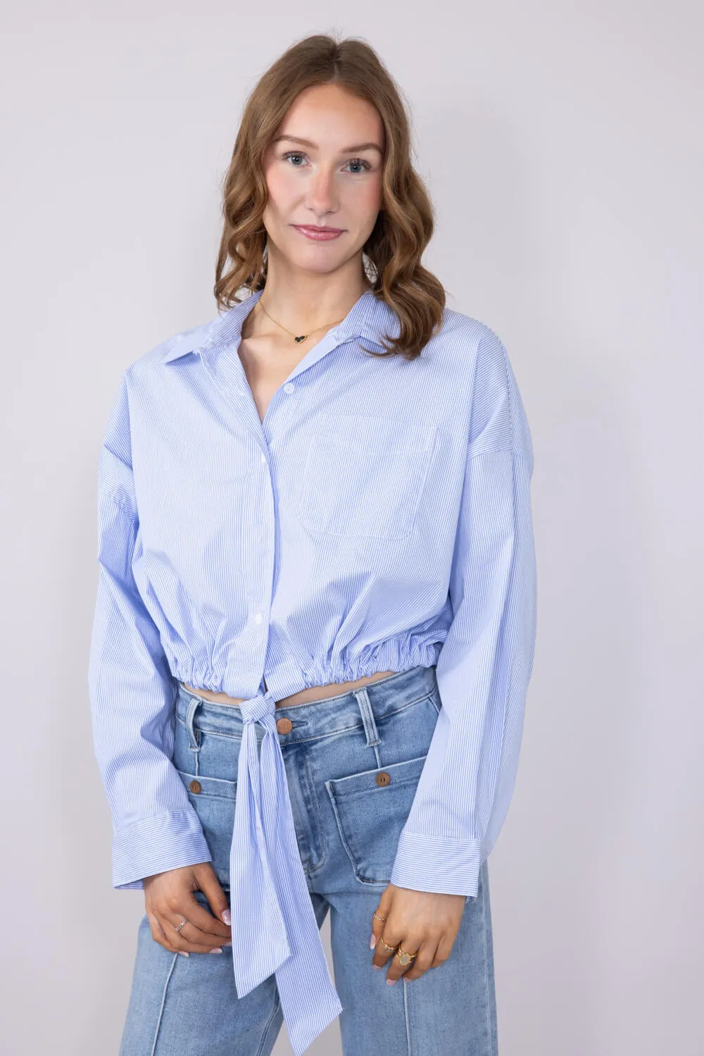 Elan Pinstripe Button Front Cinch Tie Top for Women in Blue | CS11170-BLU