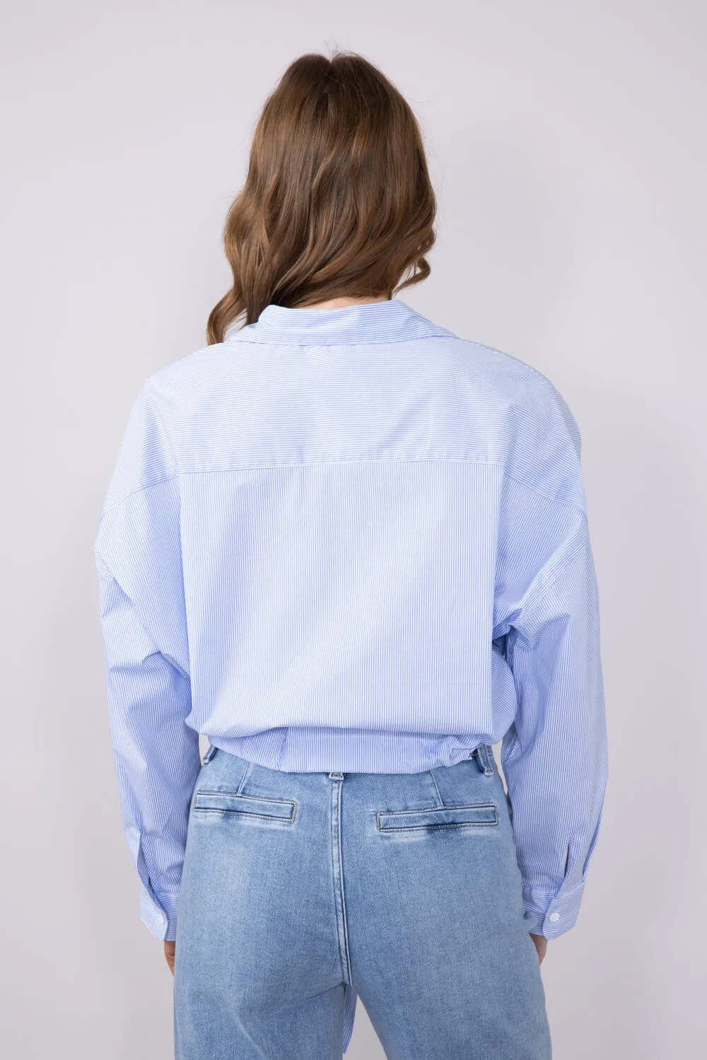 Elan Pinstripe Button Front Cinch Tie Top for Women in Blue | CS11170-BLU