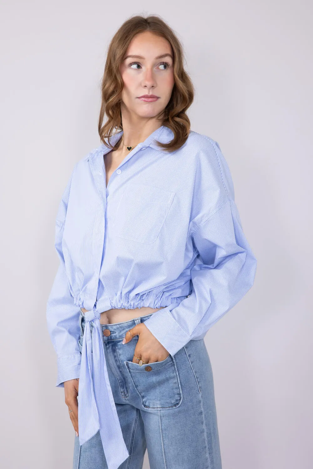 Elan Pinstripe Button Front Cinch Tie Top for Women in Blue | CS11170-BLU