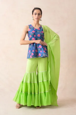 Elephant motifs with floral print peblum kurti with Ombre green tiered gharara, dupatta