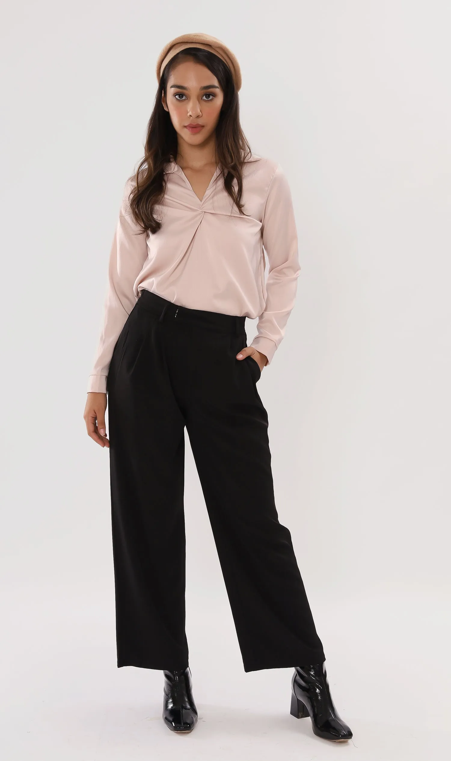 ELLIS Ruched-Front Collared Top (Champagne)