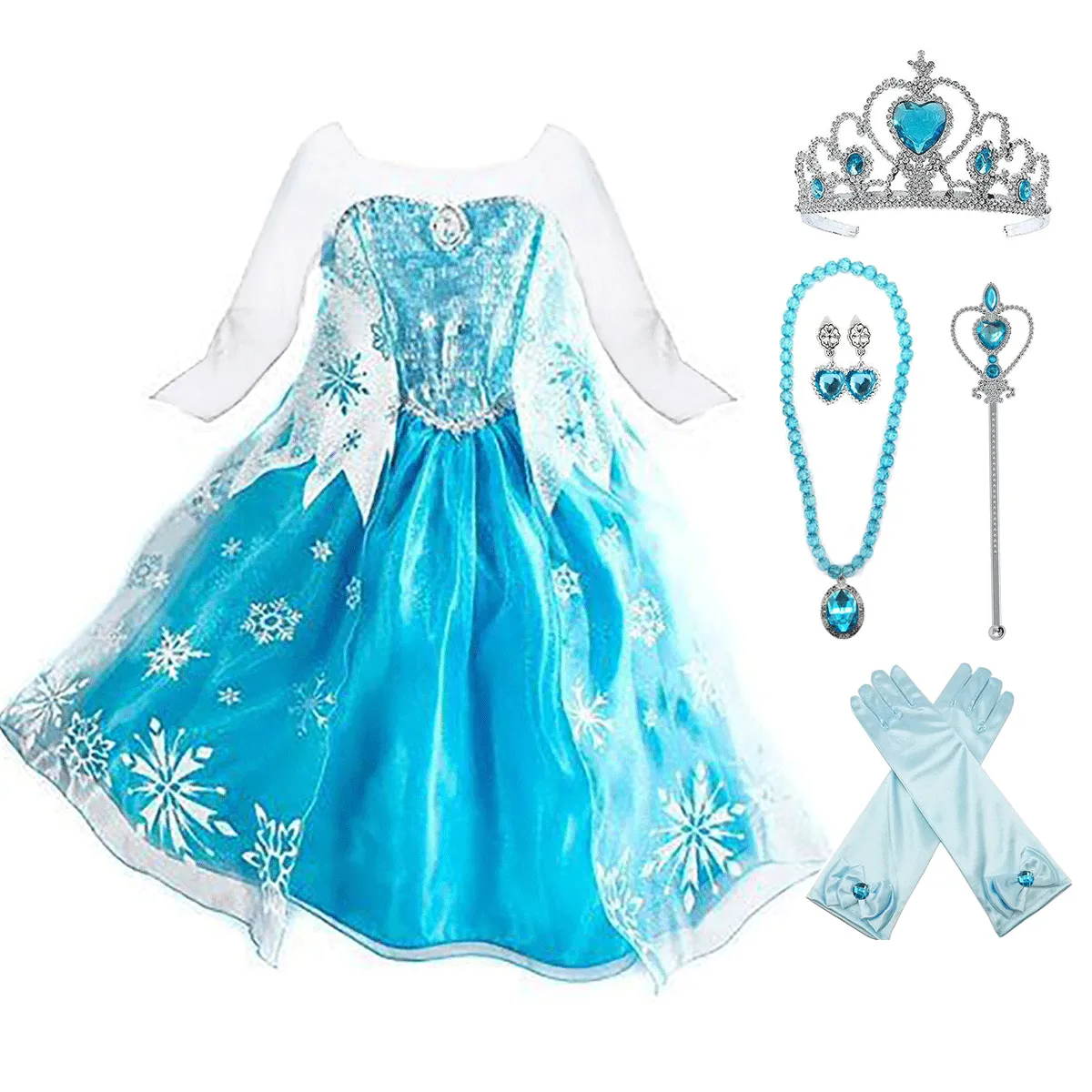 Elsa Dress Up Costume With Cosplay Accessories Crown Wand & Gloves