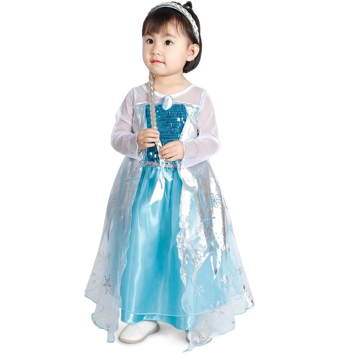 Elsa Dress Up Costume With Cosplay Accessories Crown Wand & Gloves