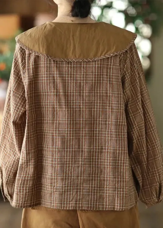 Embroidered Spring Cotton Green Blouses Art Plaid