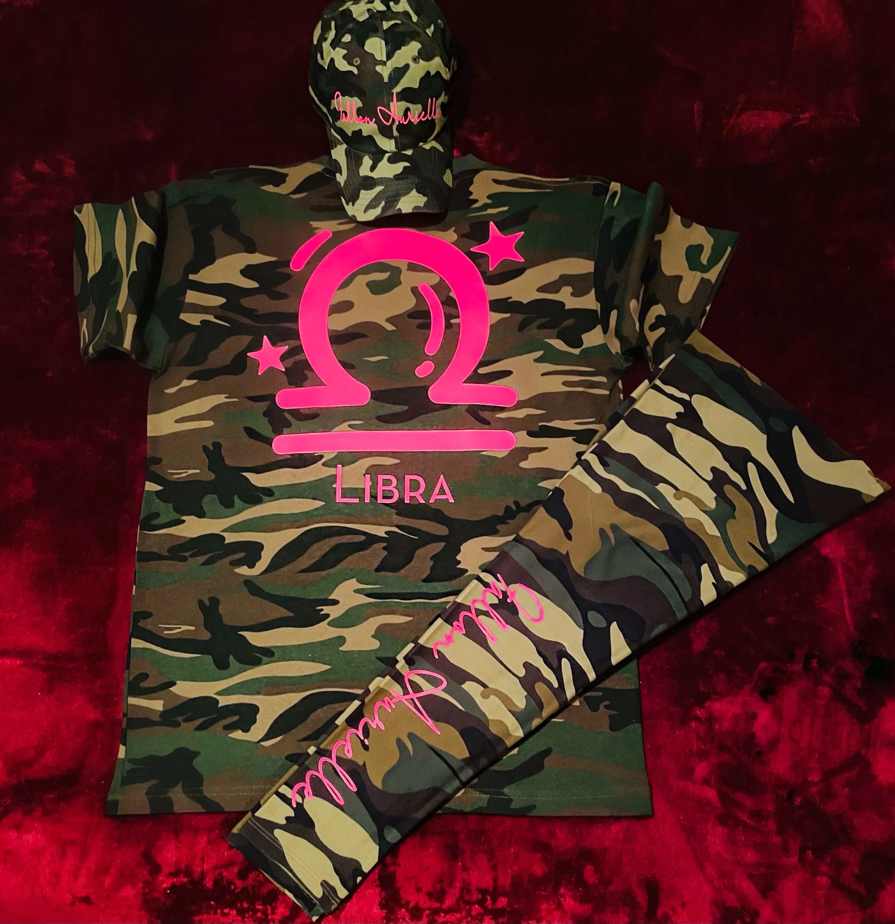 Fallon Aurielle Signature 3 Piece Libra Logo & Name Zodiac Leggings Set (Camo & Neon Pink)