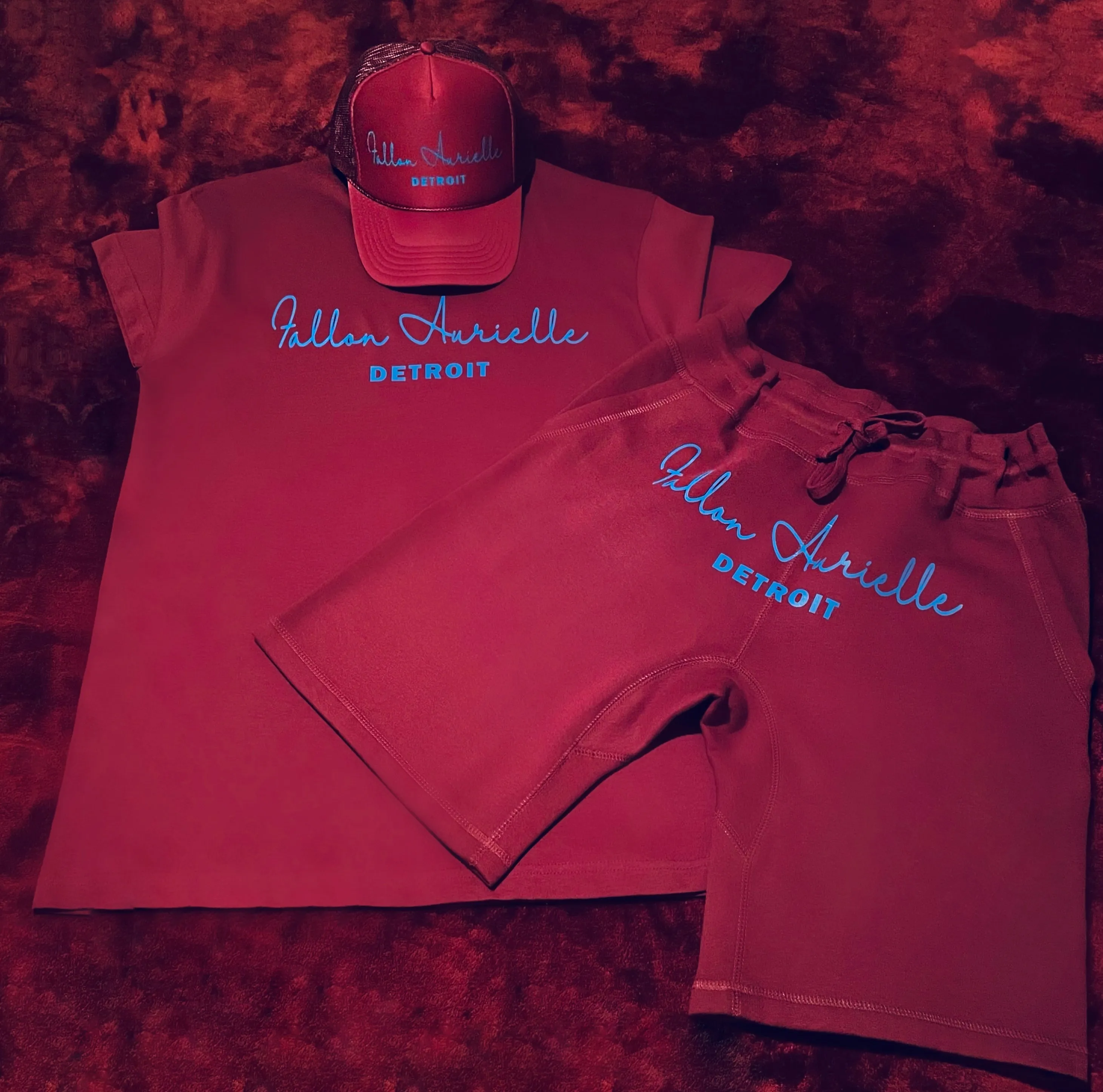 Fallon Aurielle Unisex Signature 3 Piece Detroit Rep Yo Set Short Set (Burgundy & Powder Blue)