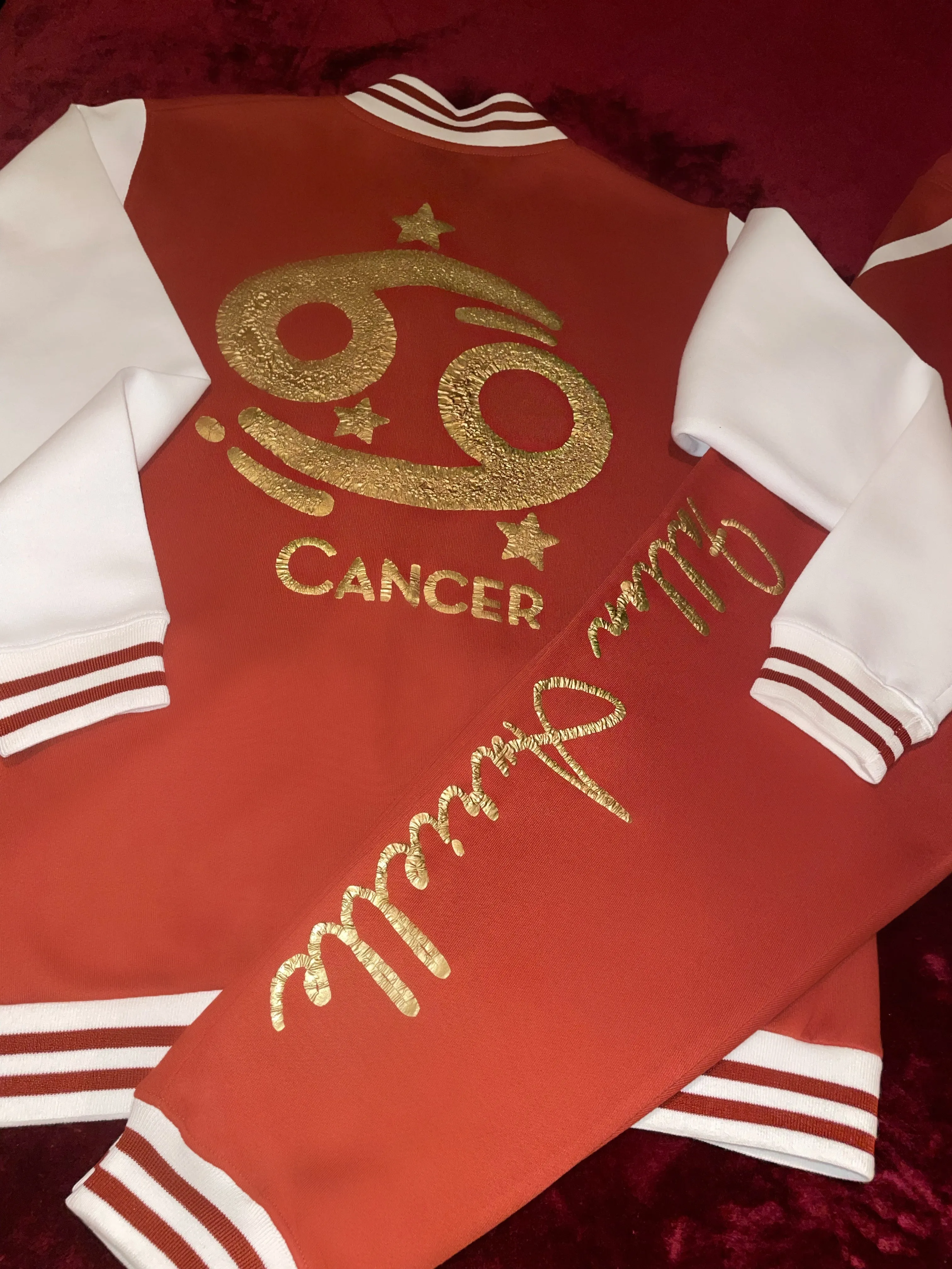 Fallon Aurielle Unisex Signature Cancer Logo & Name Zodiac Jacket Jogging Set (Burnt Orange, Antique Gold & Cream)