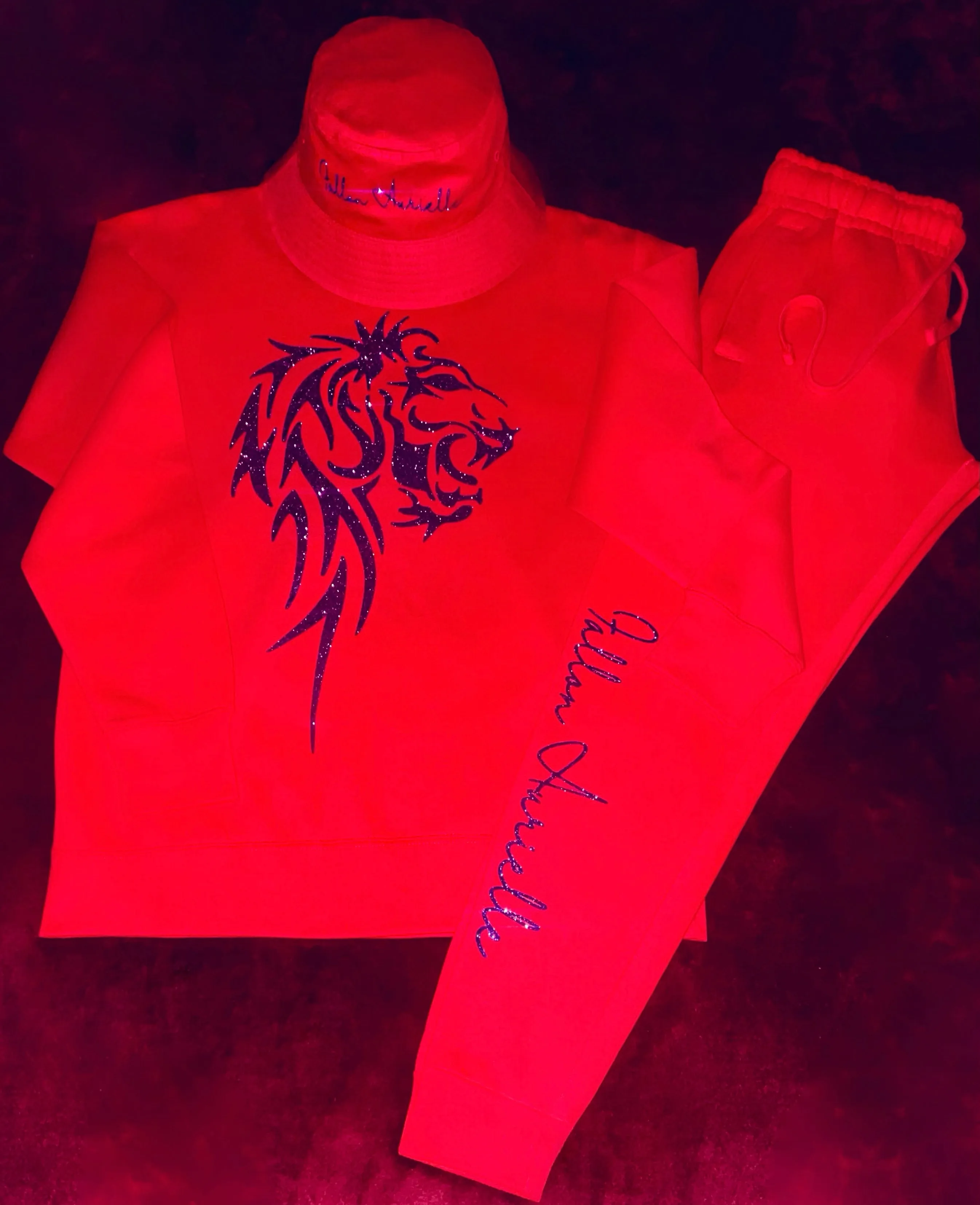 Fallon Aurielle Unisex Signature Leo Lion Logo & Name Zodiac Jogger Set (Red & Purple Sparkle)
