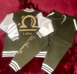 Fallon Aurielle Unisex Signature Libra Logo & Name Zodiac Jacket Jogging Set (Olive Green, Gold & Cream)