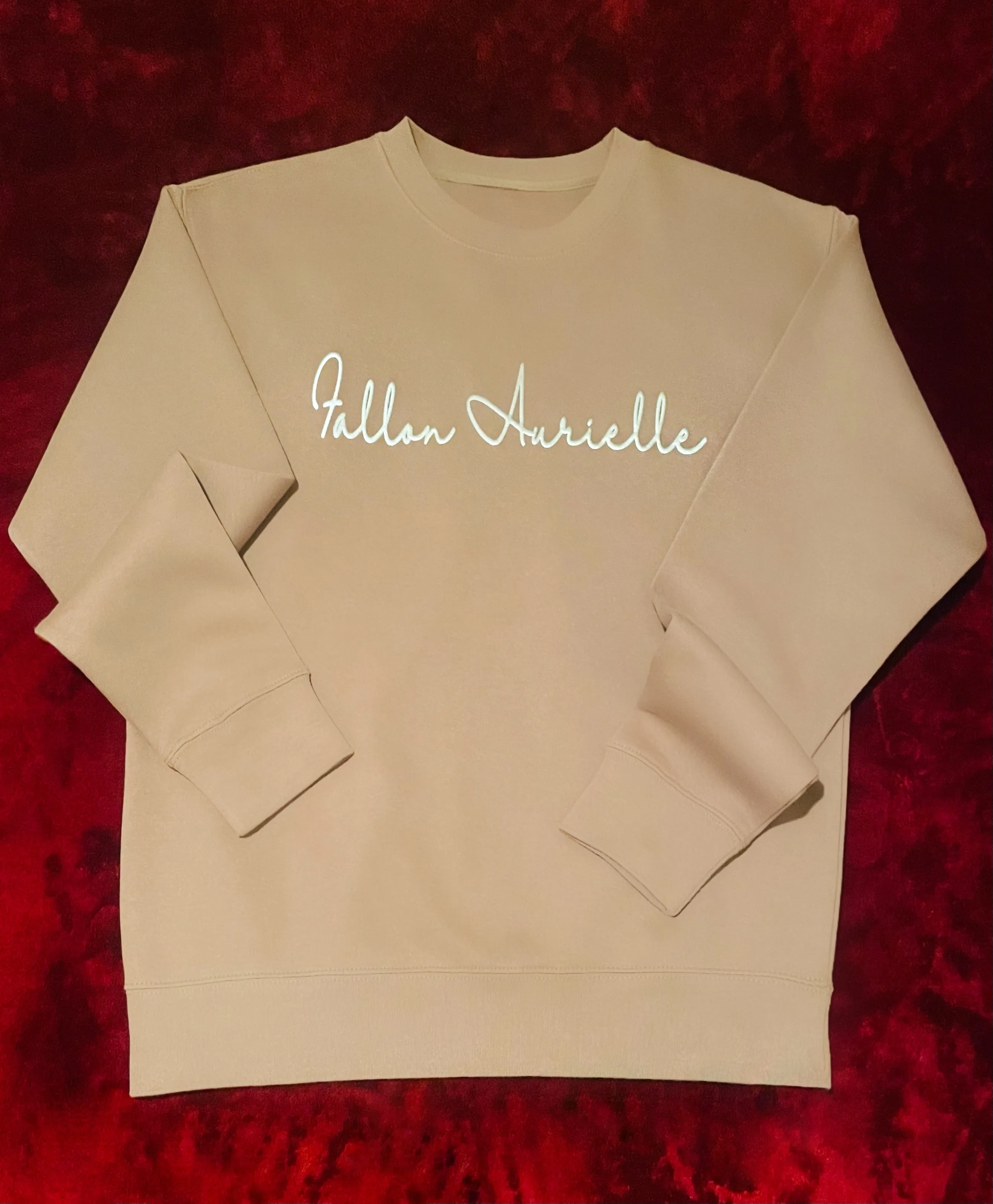 Fallon Aurielle Unisex Signature Pisces Logo & Name Zodiac Crewneck Sweater (Tan & Silver)