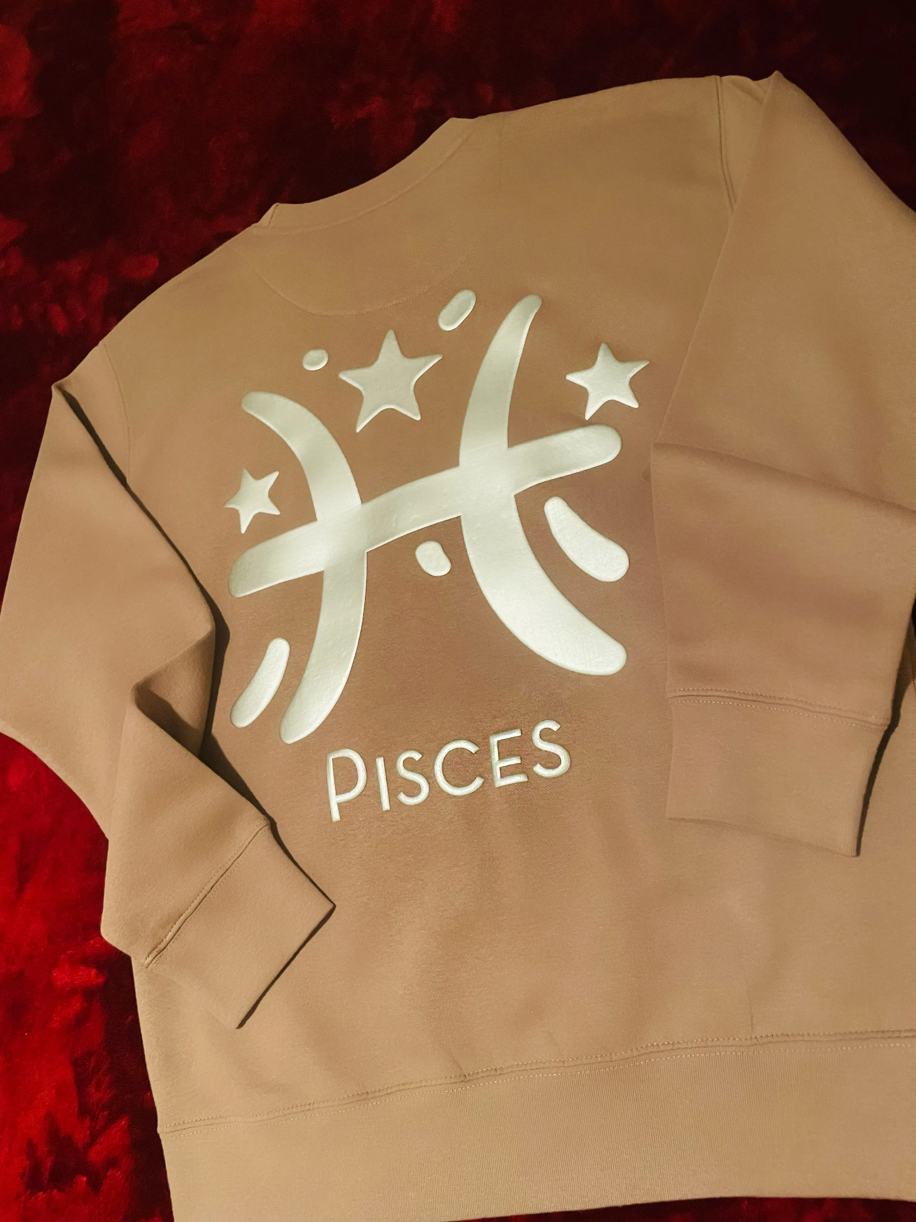 Fallon Aurielle Unisex Signature Pisces Logo & Name Zodiac Crewneck Sweater (Tan & Silver)
