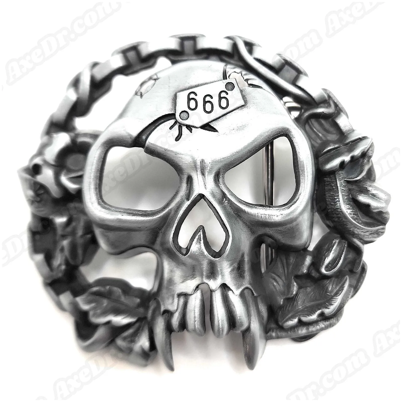 Fanged Skull Belt Buckle and Black Pyramid Studded Leather Belt