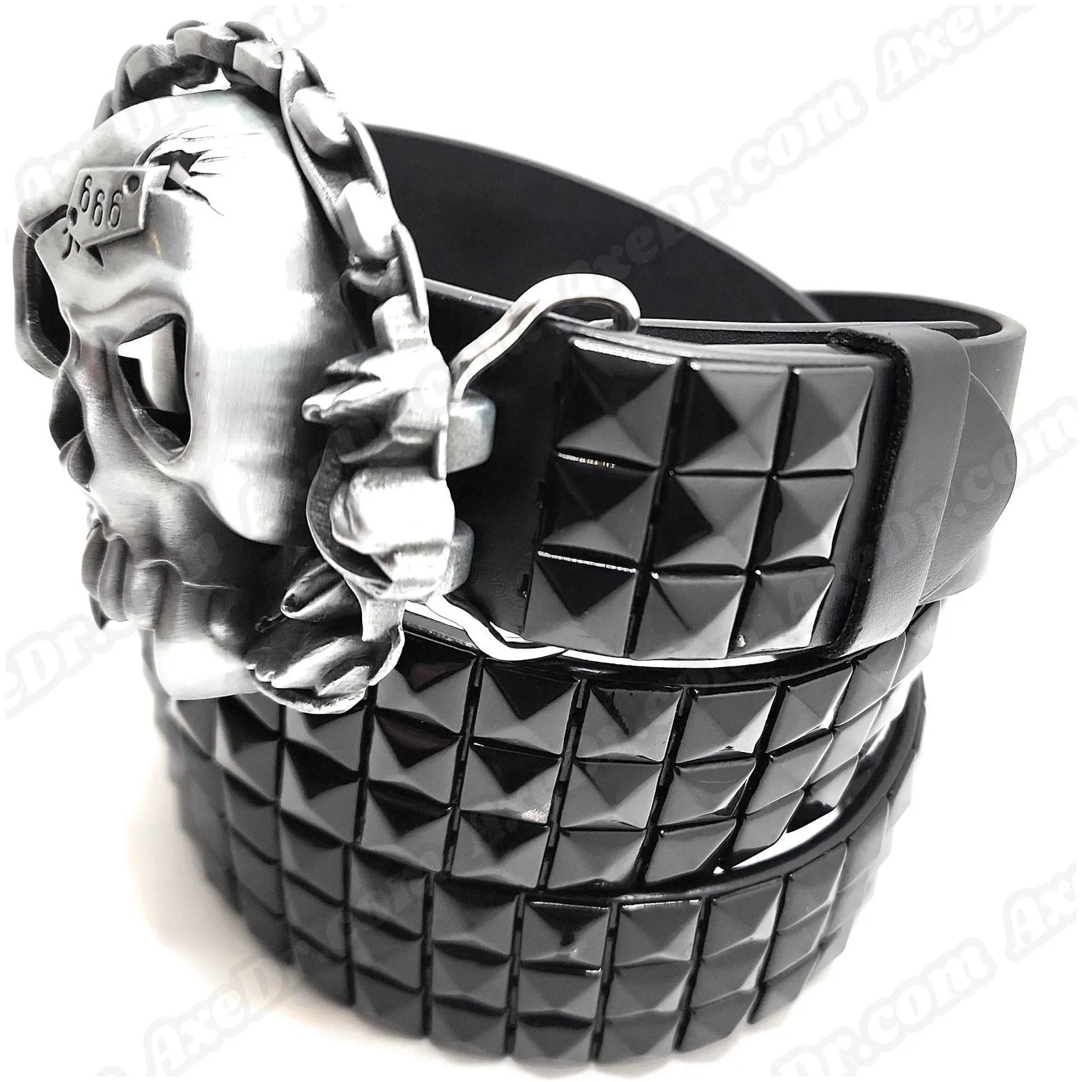 Fanged Skull Belt Buckle and Black Pyramid Studded Leather Belt