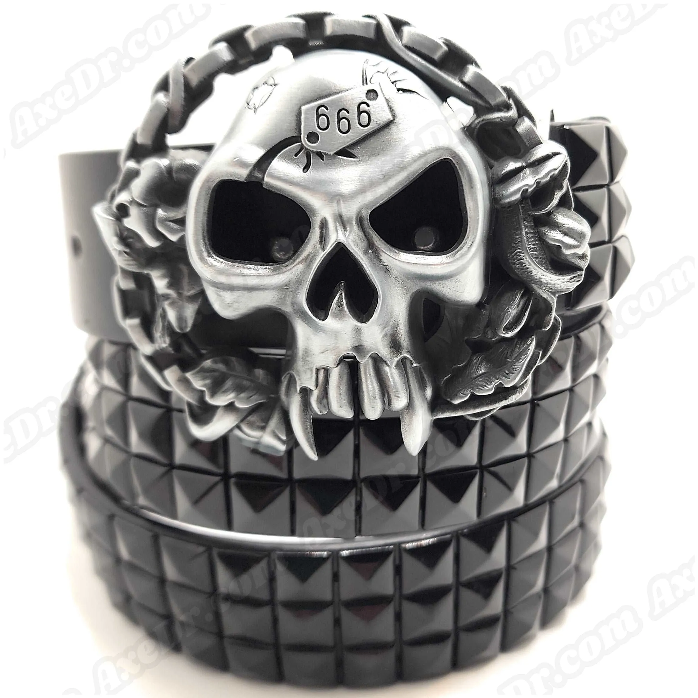 Fanged Skull Belt Buckle and Black Pyramid Studded Leather Belt